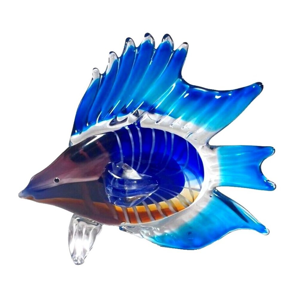 Large Rare Tetra Cobalt Turquoise Angel Fish Murano Sculpture 10" X 8.5 Vintage - Picture 2 of 14